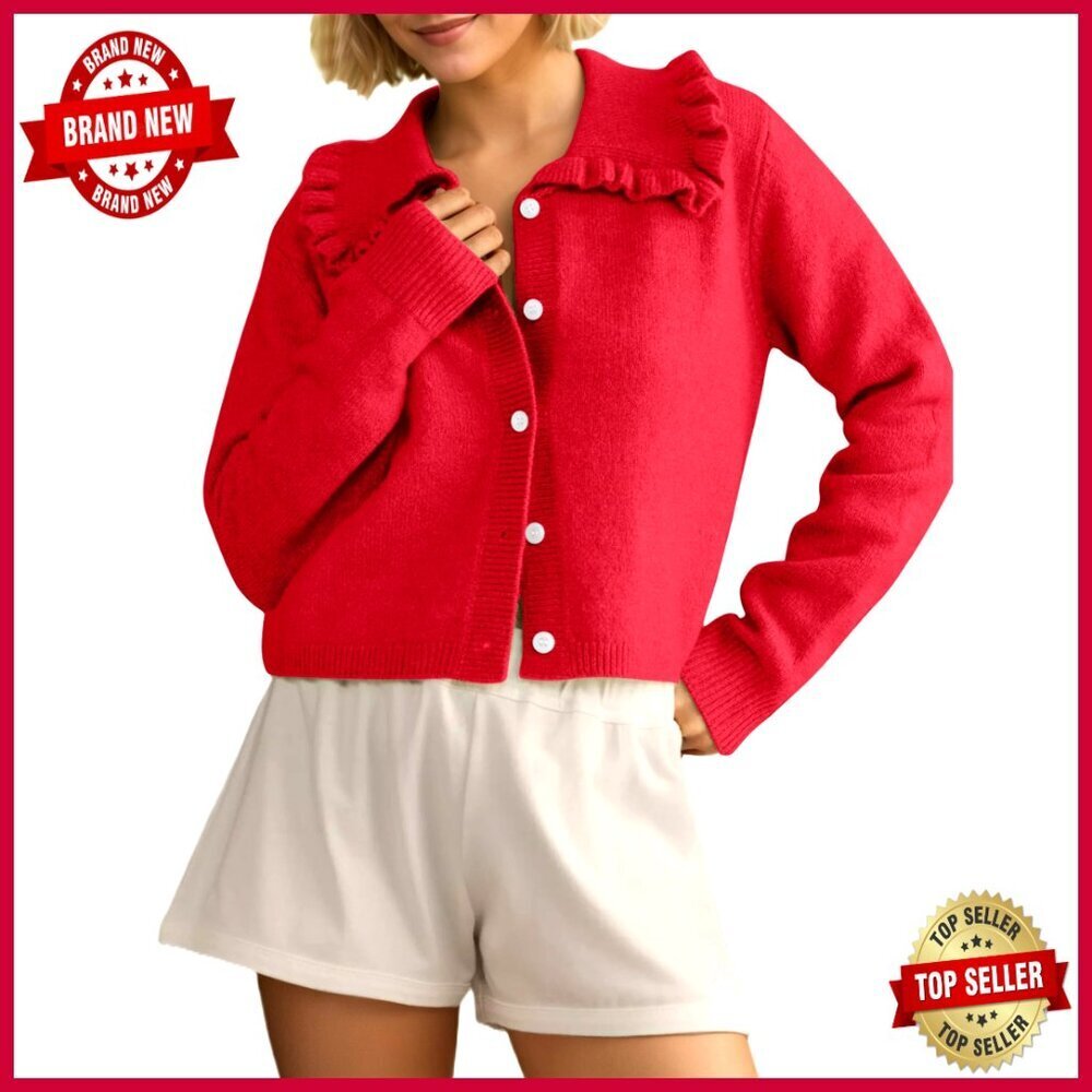 Small Cotton Blend Cropped Cardigan with Ruffle Collar Button Front